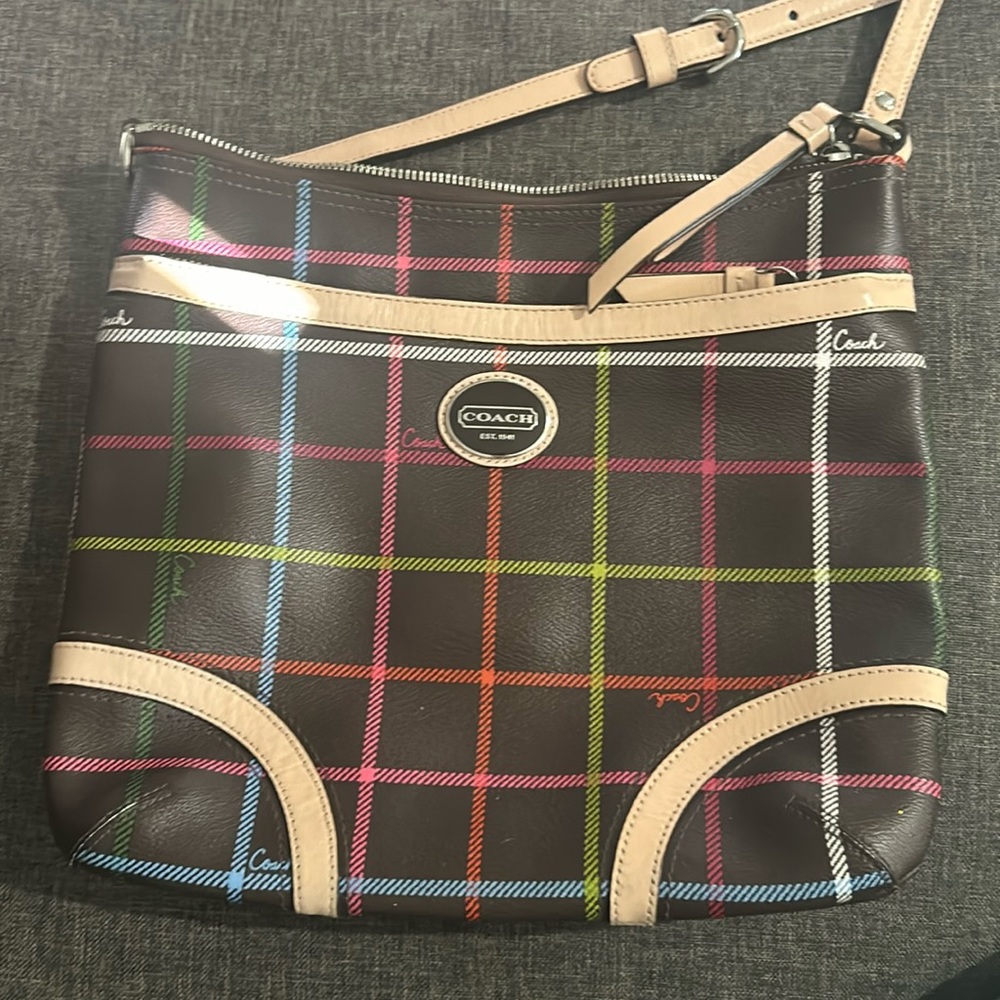 Coach brown multi color plaid purse